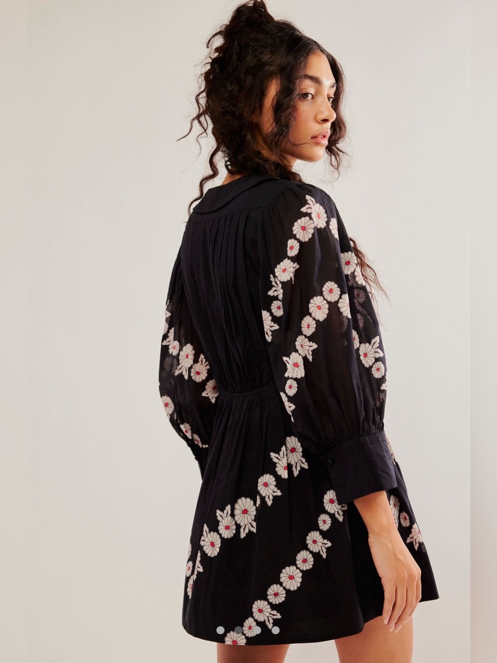 Free People Black Floral Button-Front Dress with Puff Sleeves - Picture 2 of 8